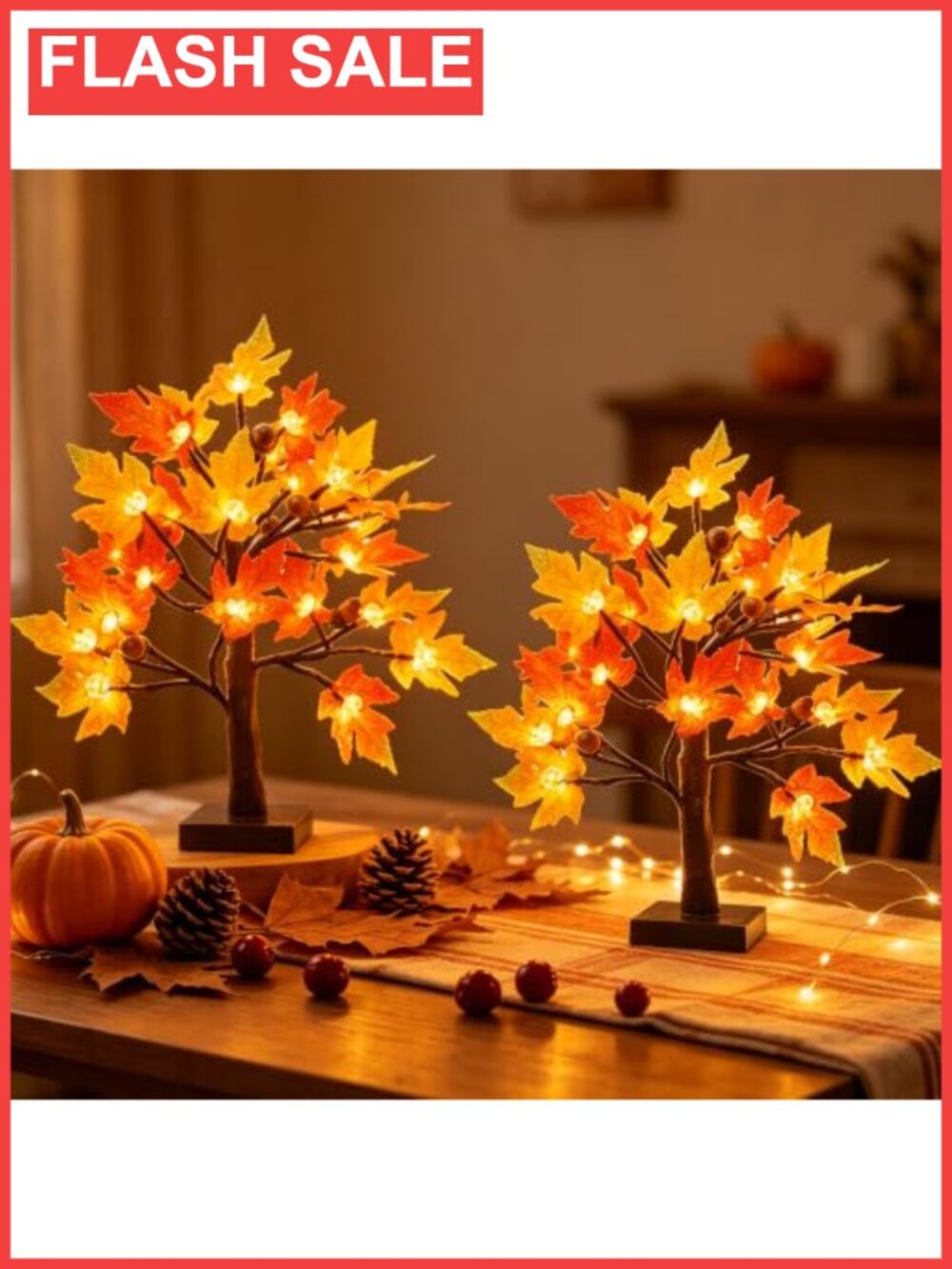 2 Pack Lighted Maple Tree Artificial Fall Decor 18" with 24 LED Lights